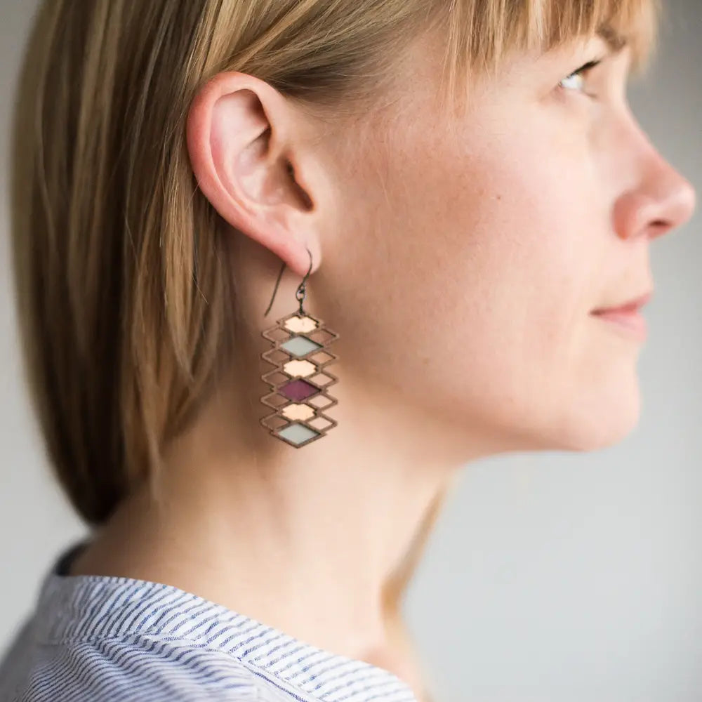Diamond Earrings · Architecture Inspired · Breeze Block MCM · Geometric Wood - Lilac - Mid Century Modern Gal