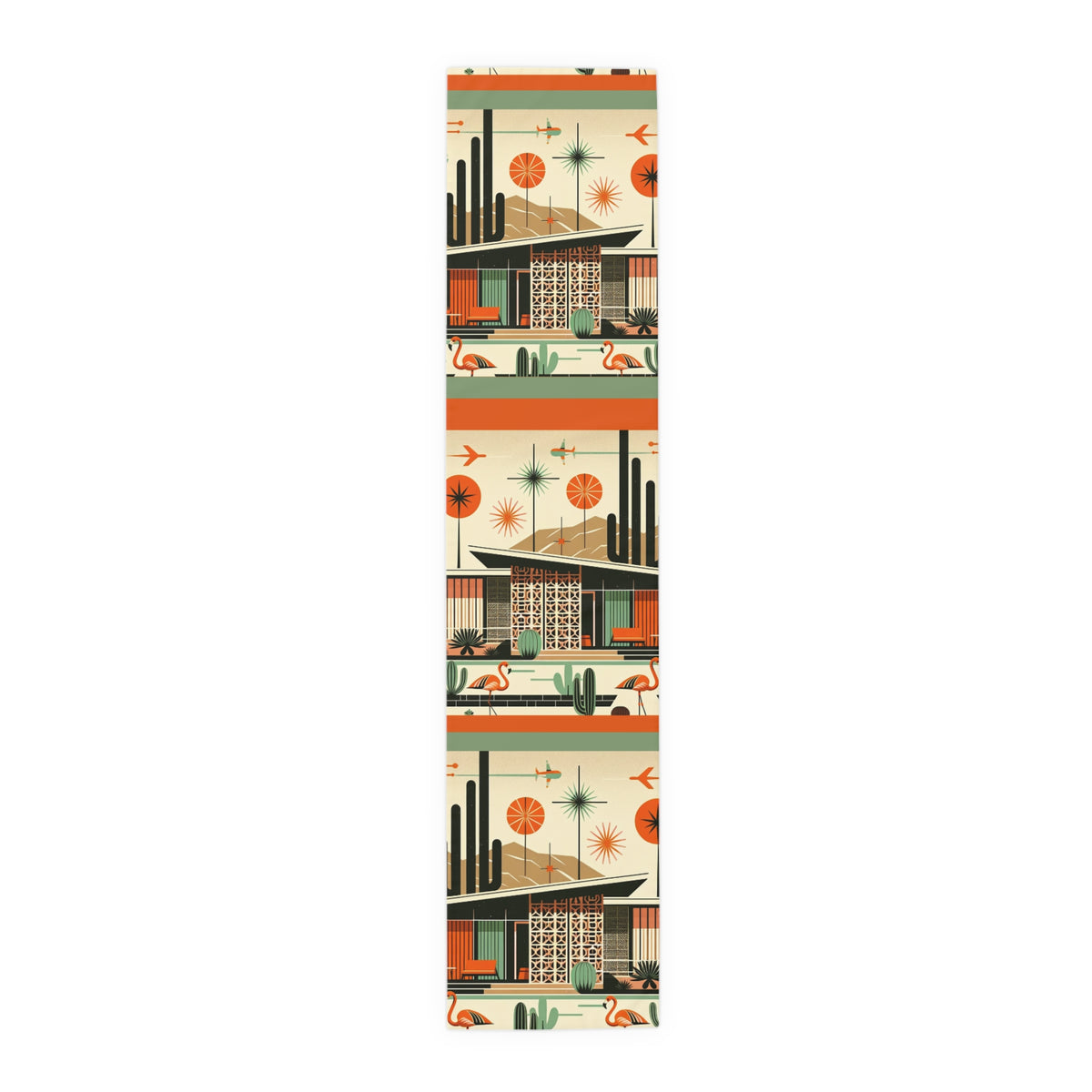 Mid Century Modern Palm Springs Cali, Green, Orange, Breezeblock, Flamingo MCM Home Table Runner - Mid Century Modern Gal