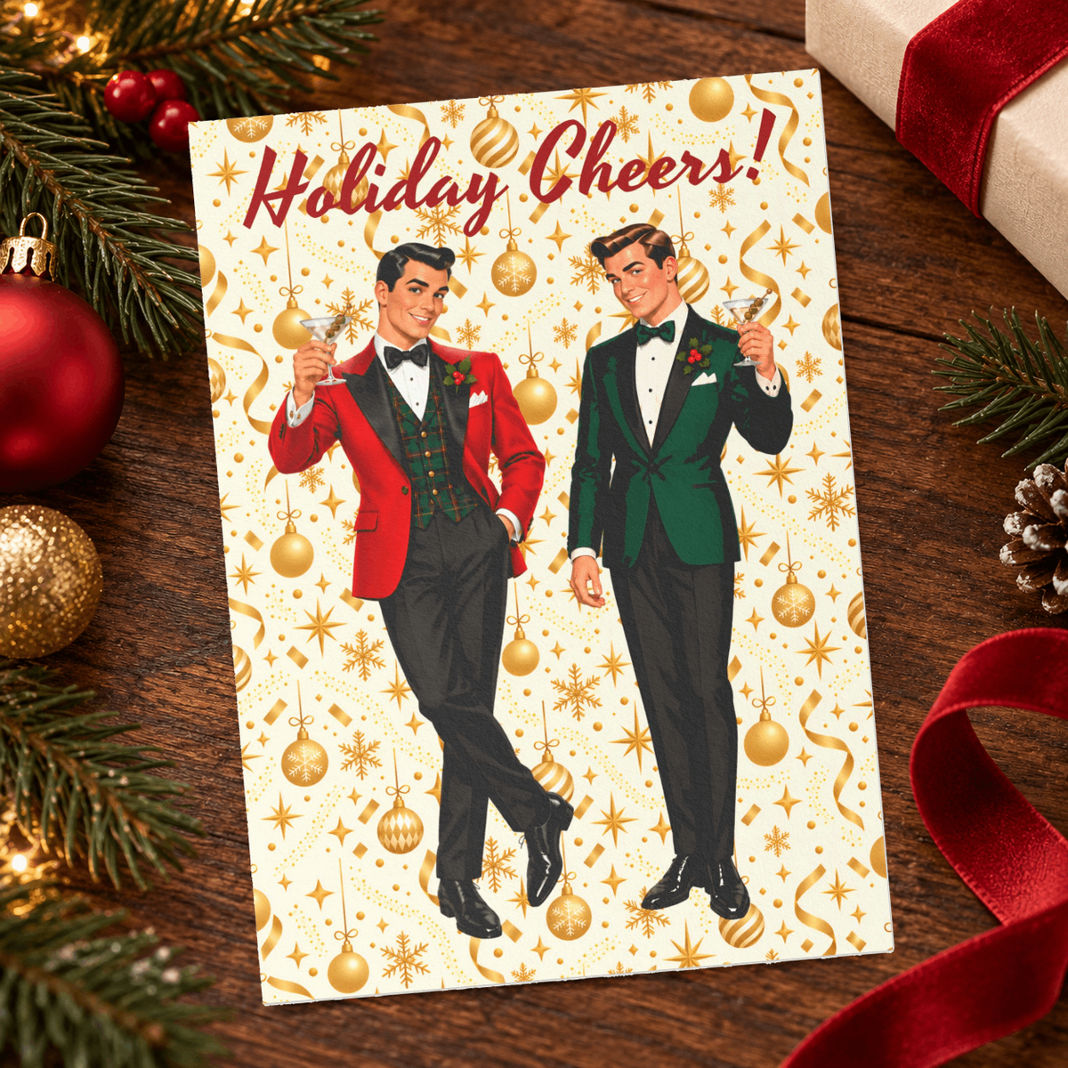 Mid Century Modern Christmas Martini Dapper Gay Male Couple Flat Postcard Style Christmas Greeting Cards