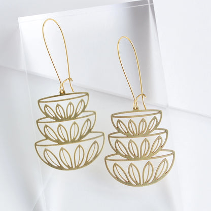 Retro Mid Century Modern Bowls Stacked Earrings | Cathrineholm Lotus Pattern - Gold - Mid Century Modern Gal