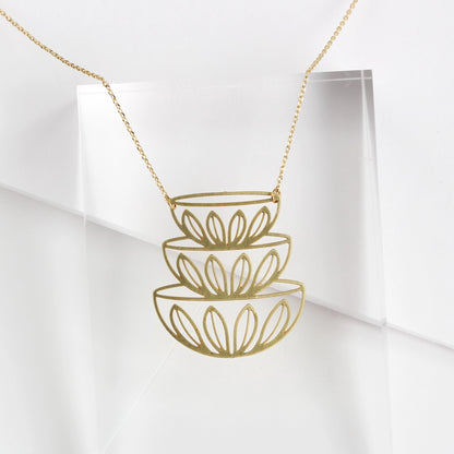 Retro Mid Century Modern Bowls Stacked Necklace | Cathrineholm Lotus Pattern - Gold - Mid Century Modern Gal
