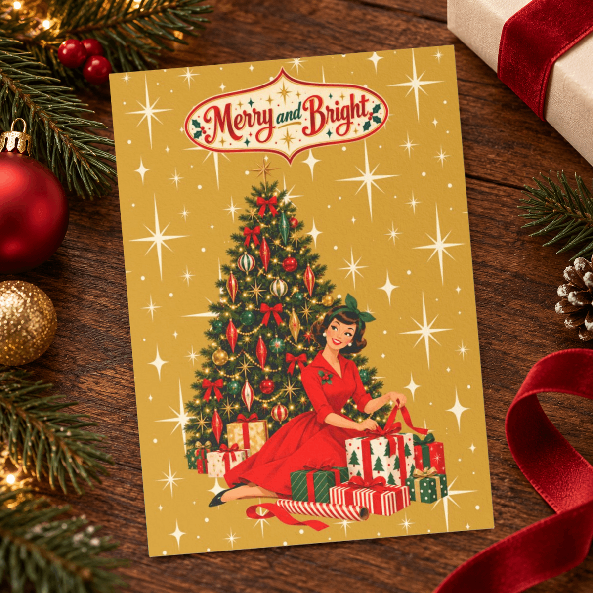 Mid Century Modern Christmas Glamour Gal Wrapping Presents by Tree, Gold Atomic Starbursts Flat Postcard Style Christmas Greeting Cards