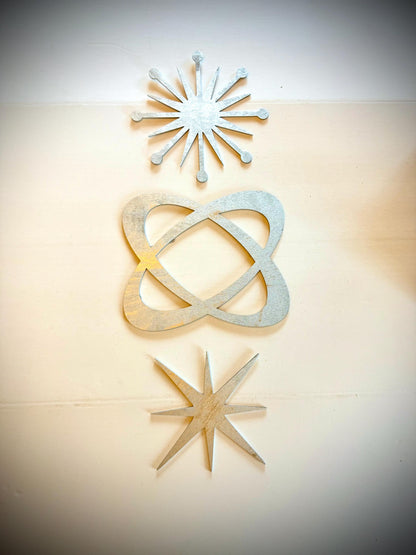 Mid Century Modern Atomic Circles and Starbursts Elements 3-Panel Wood Wall Art