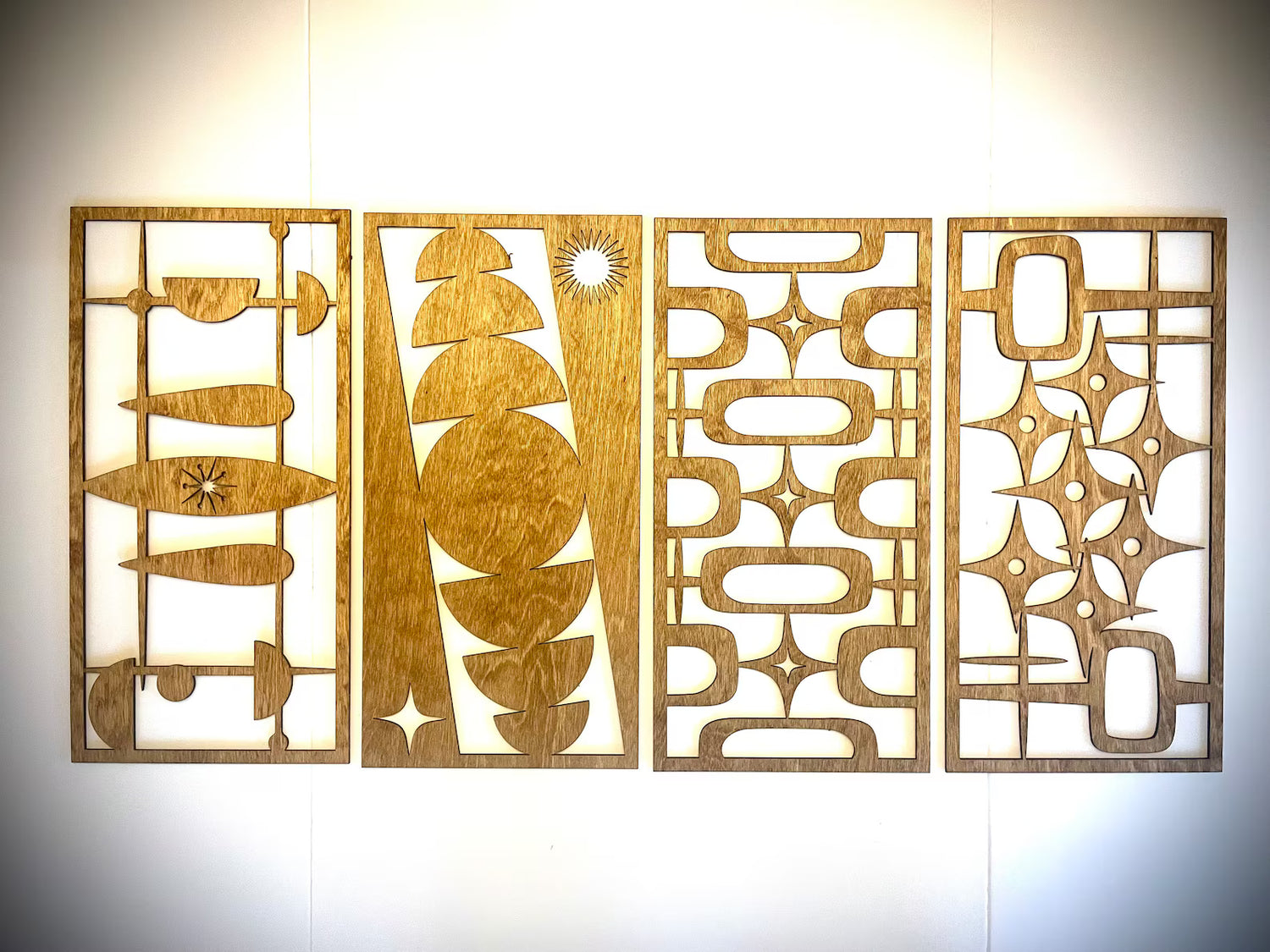 Mid Century Modern Boho 4-Panel Wood Wall Art, Set A