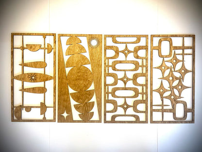 Mid Century Modern Boho 4-Panel Wood Wall Art, Set A