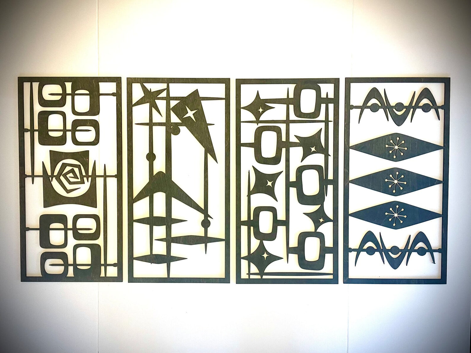 Mid Century Modern Boho 4-Panel Wood Wall Art, Set B