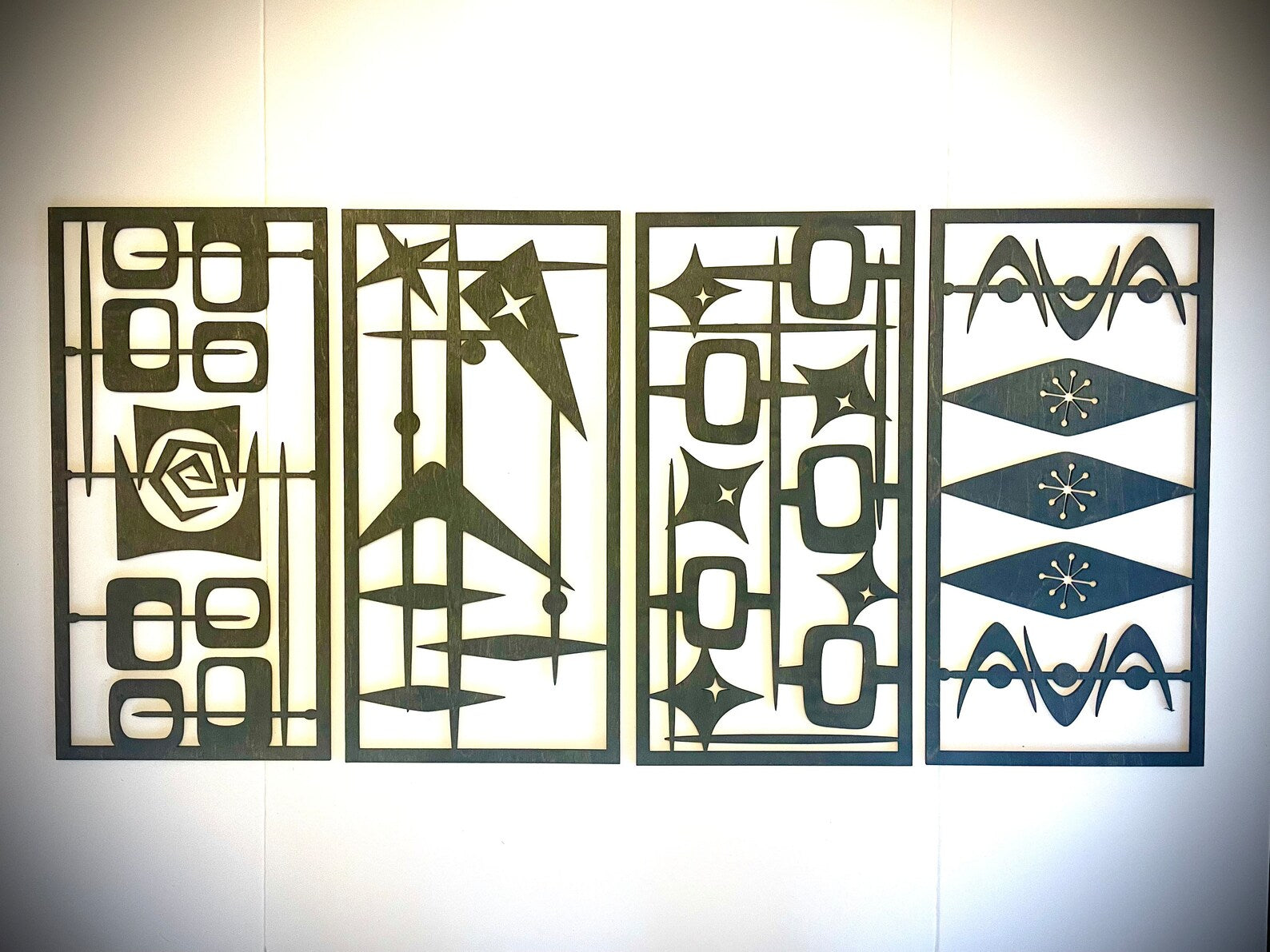 Mid Century Modern Boho 4-Panel Wood Wall Art, Set B