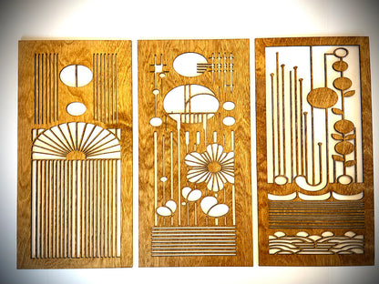 Mid Century Modern Boho Floral Landscape 3-Panel Wood Wall Art, Set C