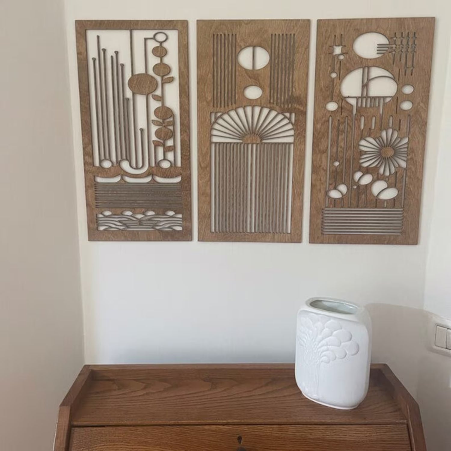 Mid Century Modern Boho Floral Landscape 3-Panel Wood Wall Art, Set C