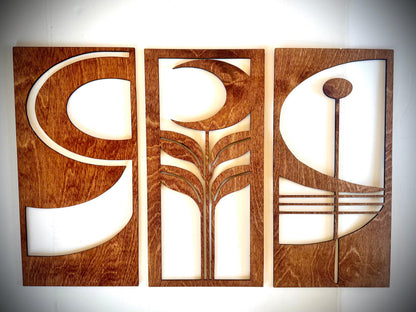 Mid Century Modern Boho Floral Landscape 3-Panel Wood Wall Art, Set J
