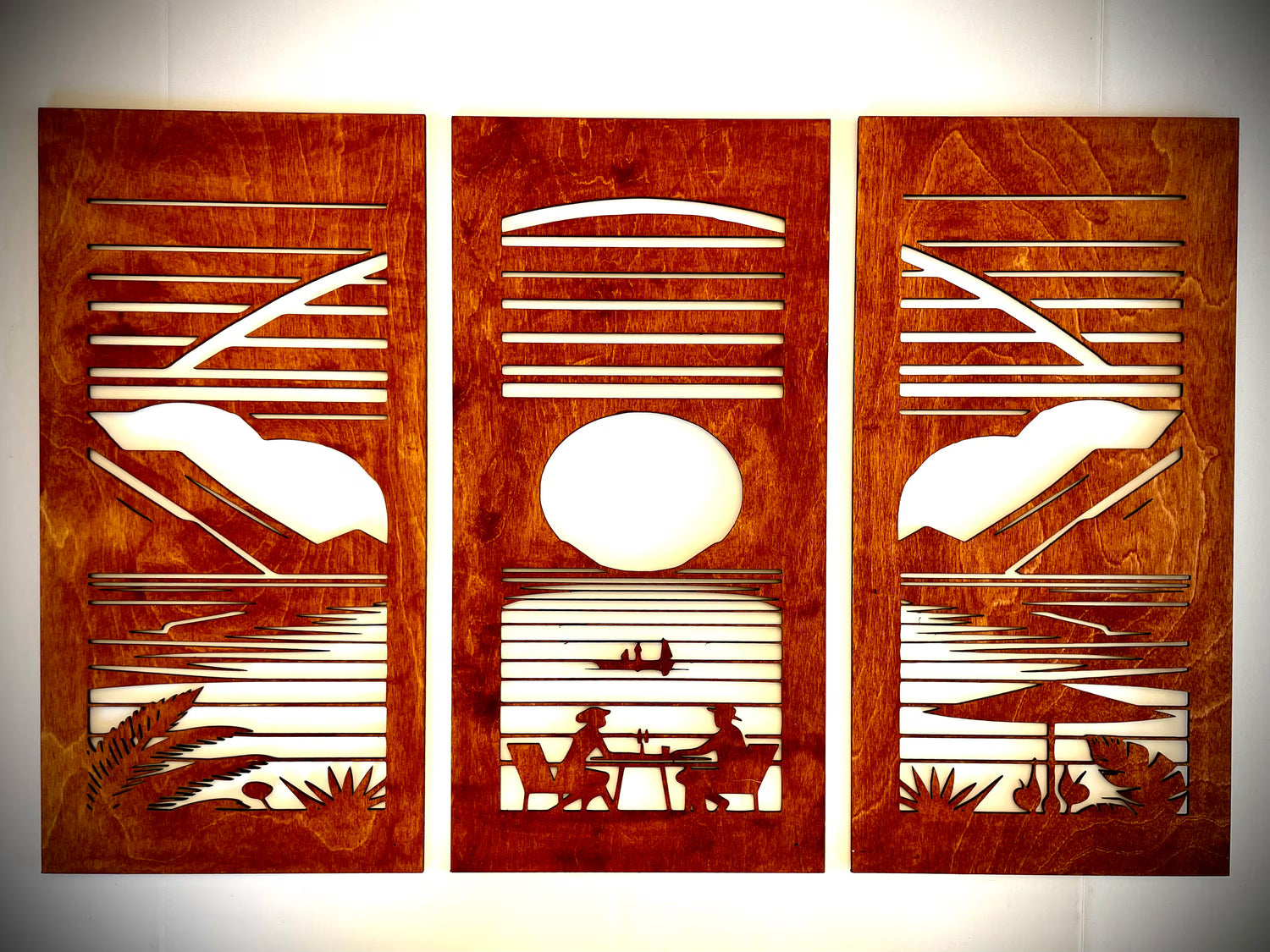 Mid Century Modern Boho Waterfront 3-Panel Wood Wall Art, Set F