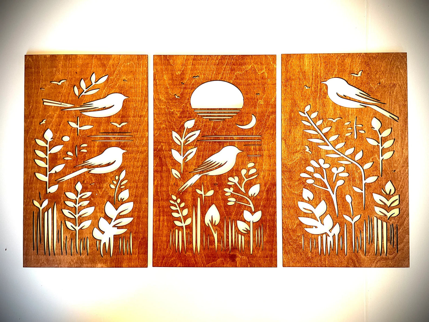 Mid Century Modern Boho Wild Birds Landscape 3-Panel Wood Wall Art