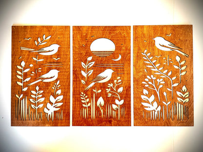 Mid Century Modern Boho Wild Birds Landscape 3-Panel Wood Wall Art
