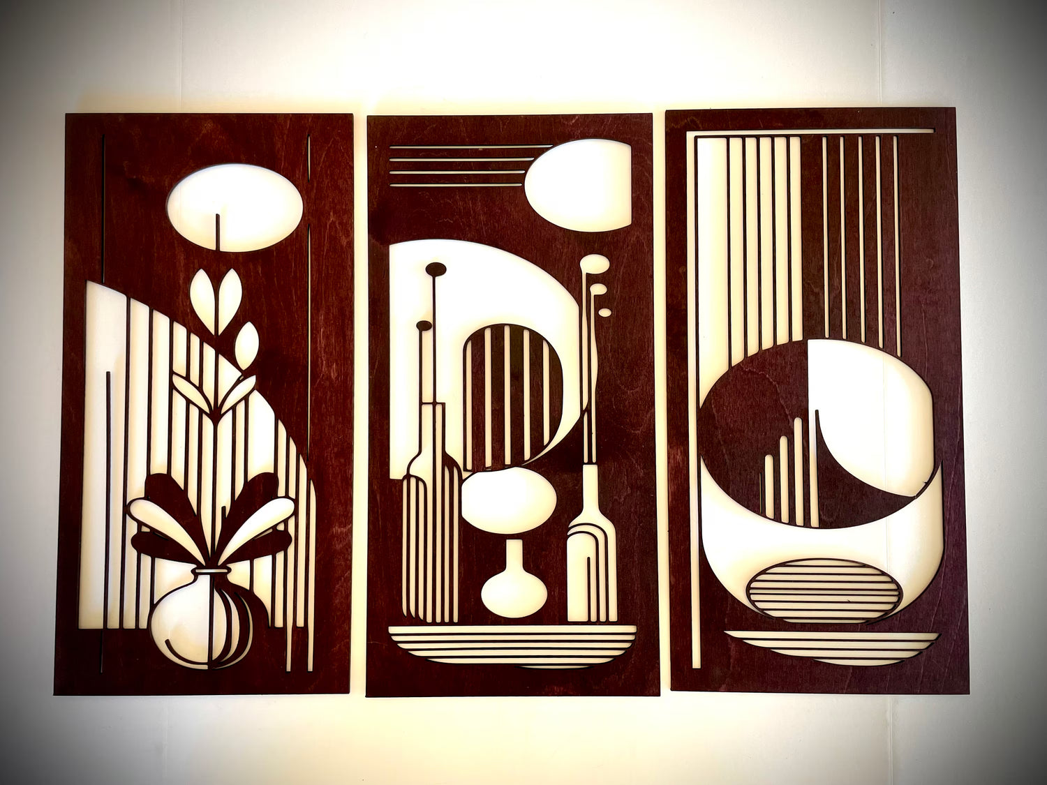 Mid Century Modern Floral Landscape 3-Panel Wood Wall Art, Set G