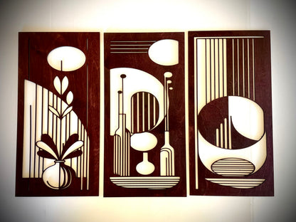 Mid Century Modern Floral Landscape 3-Panel Wood Wall Art, Set G