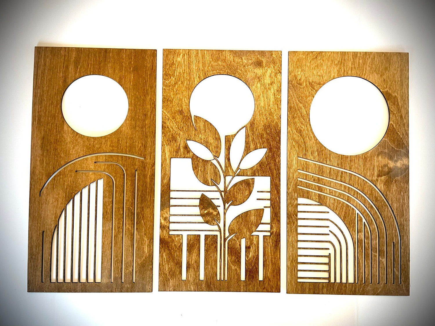 Mid Century Modern Floral Landscape 3-Panel Wood Wall Art, Set D