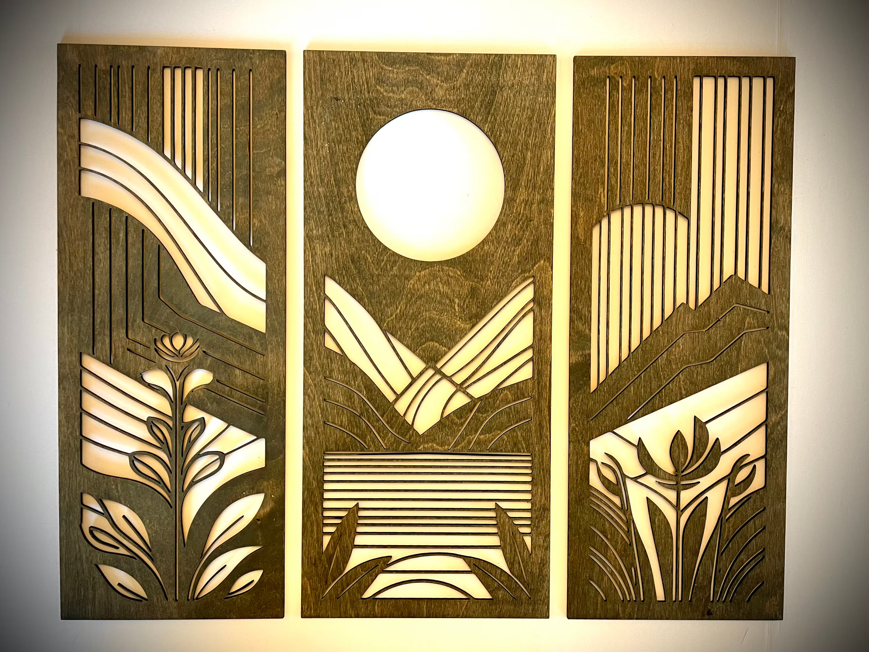 Mid Century Modern Floral Landscape 3-Panel Wood Wall Art, Set E