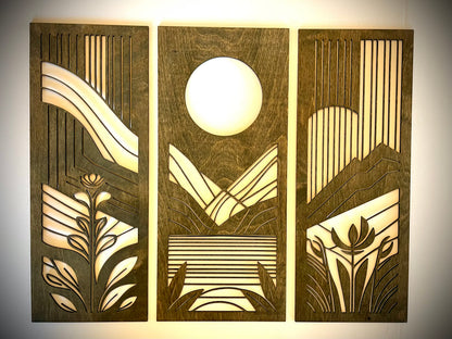 Mid Century Modern Floral Landscape 3-Panel Wood Wall Art, Set E