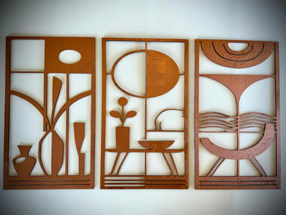 Mid Century Modern Interior Landscape 3-Panel Wood Wall Art, Set K