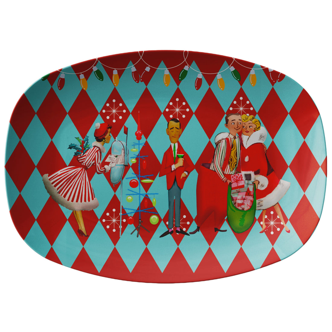 Mid Century Modern 50s Holiday Kitsch, Red, Aqua Vintage Christmas Table Party Platter - Mid Century Modern Gal