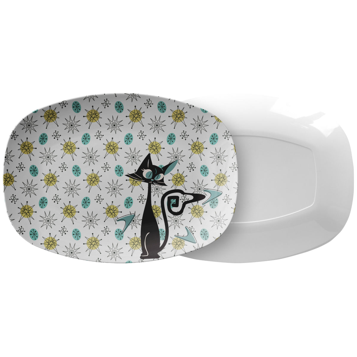 Mid Century Modern Atomic Franciscan Starburst Dish Pattern Party Platter With Atomic Kitschy Cat - Mid Century Modern Gal