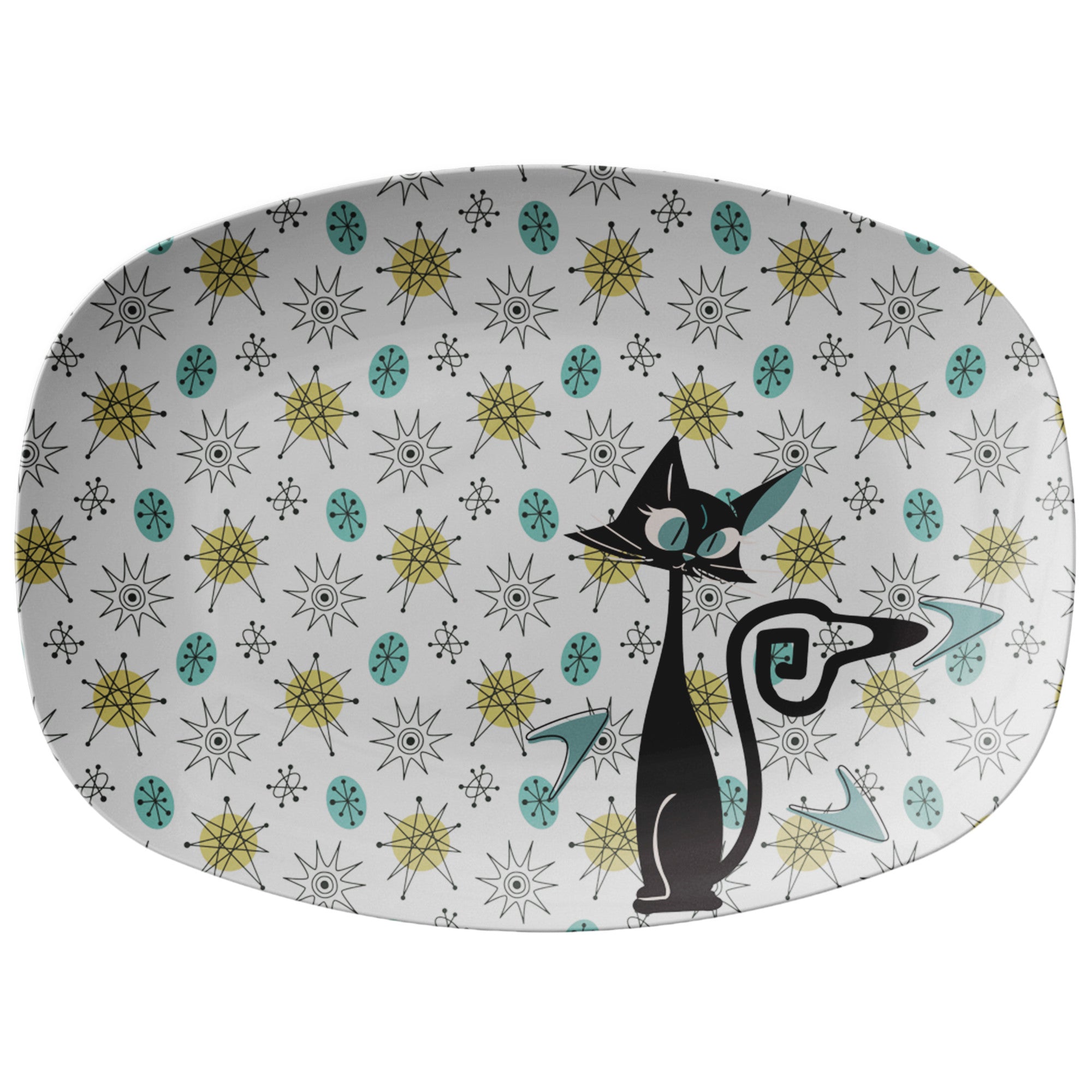 Mid Century Modern Atomic Franciscan Starburst Dish Pattern Party Platter With Atomic Kitschy Cat - Mid Century Modern Gal
