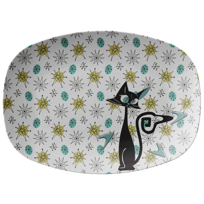 Mid Century Modern Atomic Franciscan Starburst Dish Pattern Party Platter With Atomic Kitschy Cat - Mid Century Modern Gal