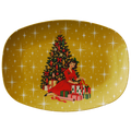 Mid Century Modern Christmas Glamour Gal Wrapping Presents by Tree, Gold Atomic Starbursts Party Platter