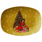 Mid Century Modern Christmas Glamour Gal Wrapping Presents by Tree, Gold Atomic Starbursts Party Platter
