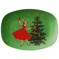 Mid Century Modern Gal Decorating Christmas Tree, Green Atomic Starbursts Party Platter