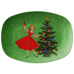 Mid Century Modern Gal Decorating Christmas Tree, Green Atomic Starbursts Party Platter