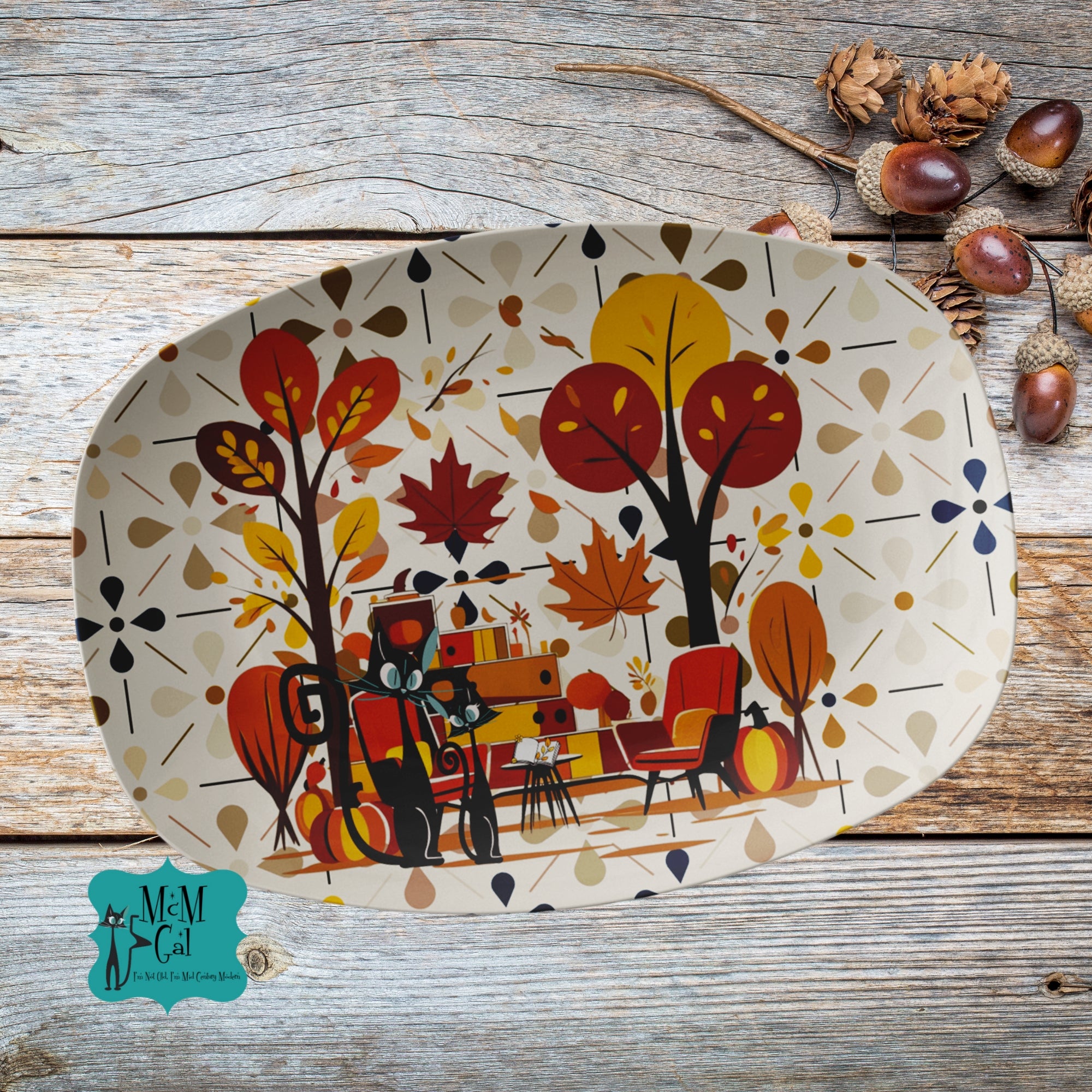 Mid Mod Scandinavian Floral Fall Atomic Cat Seasonal Party Platter - Mid Century Modern Gal