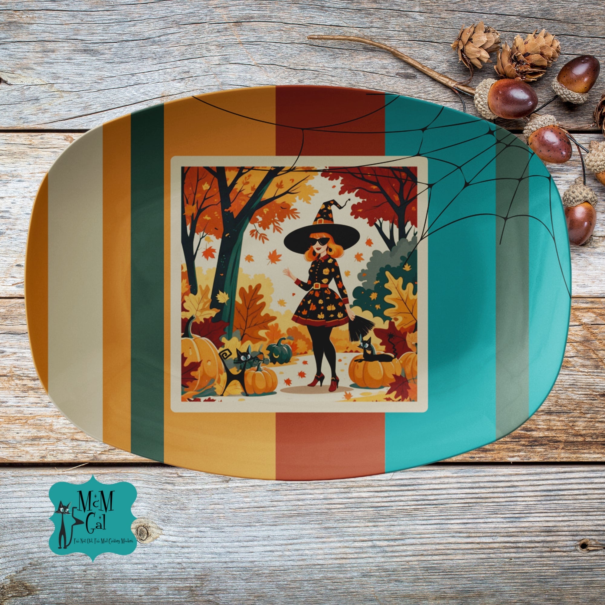 Kitschy Fall, Halloween Witch, Atomic Cat In Forest Seasonal Entertaining Platter - Mid Century Modern Gal