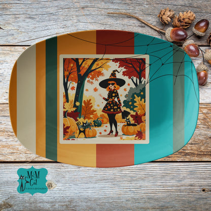 Kitschy Fall, Halloween Witch, Atomic Cat In Forest Seasonal Entertaining Platter - Mid Century Modern Gal
