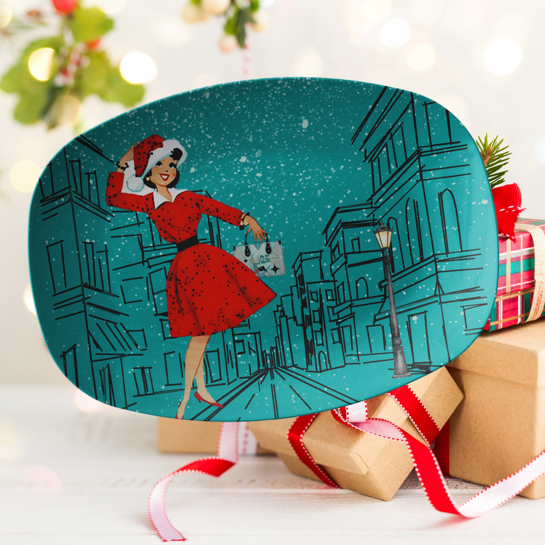 Mid Century Modern Christmas Retro Gal, Kitschy Holiday Platter Gift - Mid Century Modern Gal