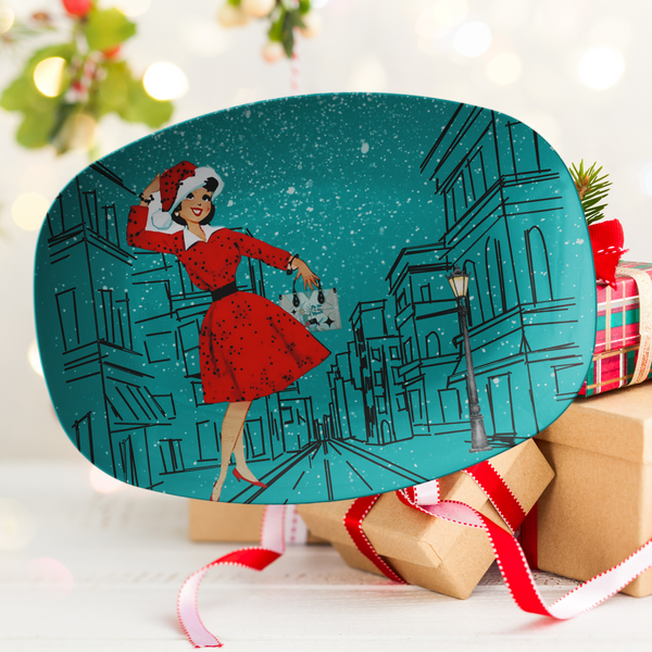 Mid Century Modern Christmas Retro Gal, Kitschy Holiday Platter Gift
