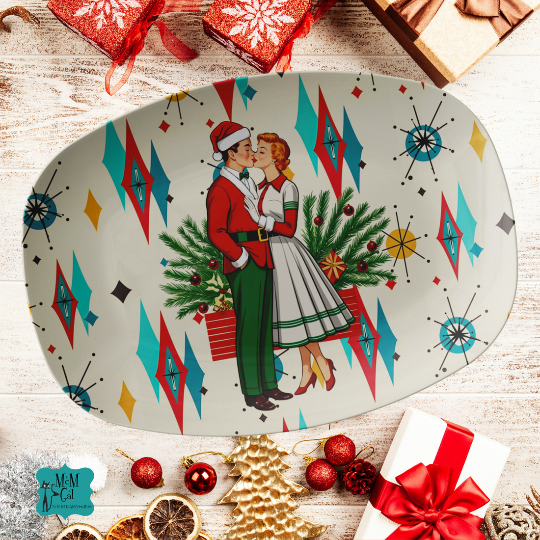 Mid Mod Christmas Vintage 50s Kitschy Couple Christmas Card MCM Platter - Mid Century Modern Gal