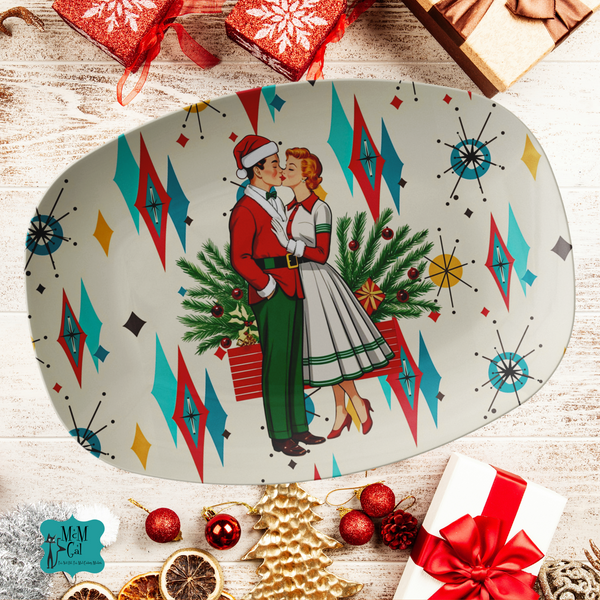 Mid Mod Christmas Vintage 50s Kitschy Couple Christmas Card MCM Platter