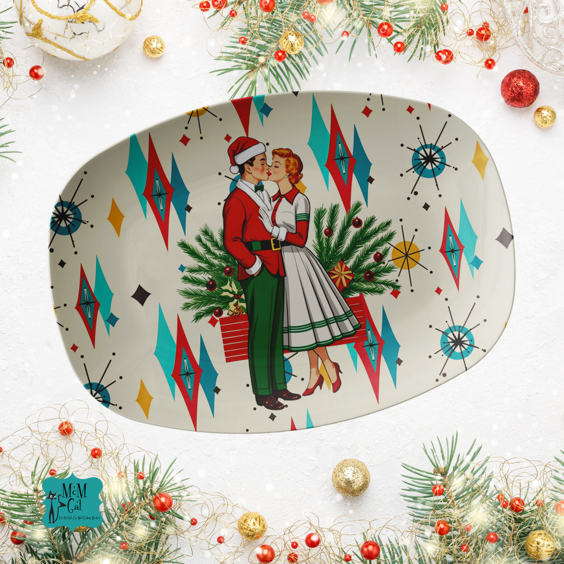 Mid Mod Christmas Vintage 50s Kitschy Couple Christmas Card MCM Platter - Mid Century Modern Gal