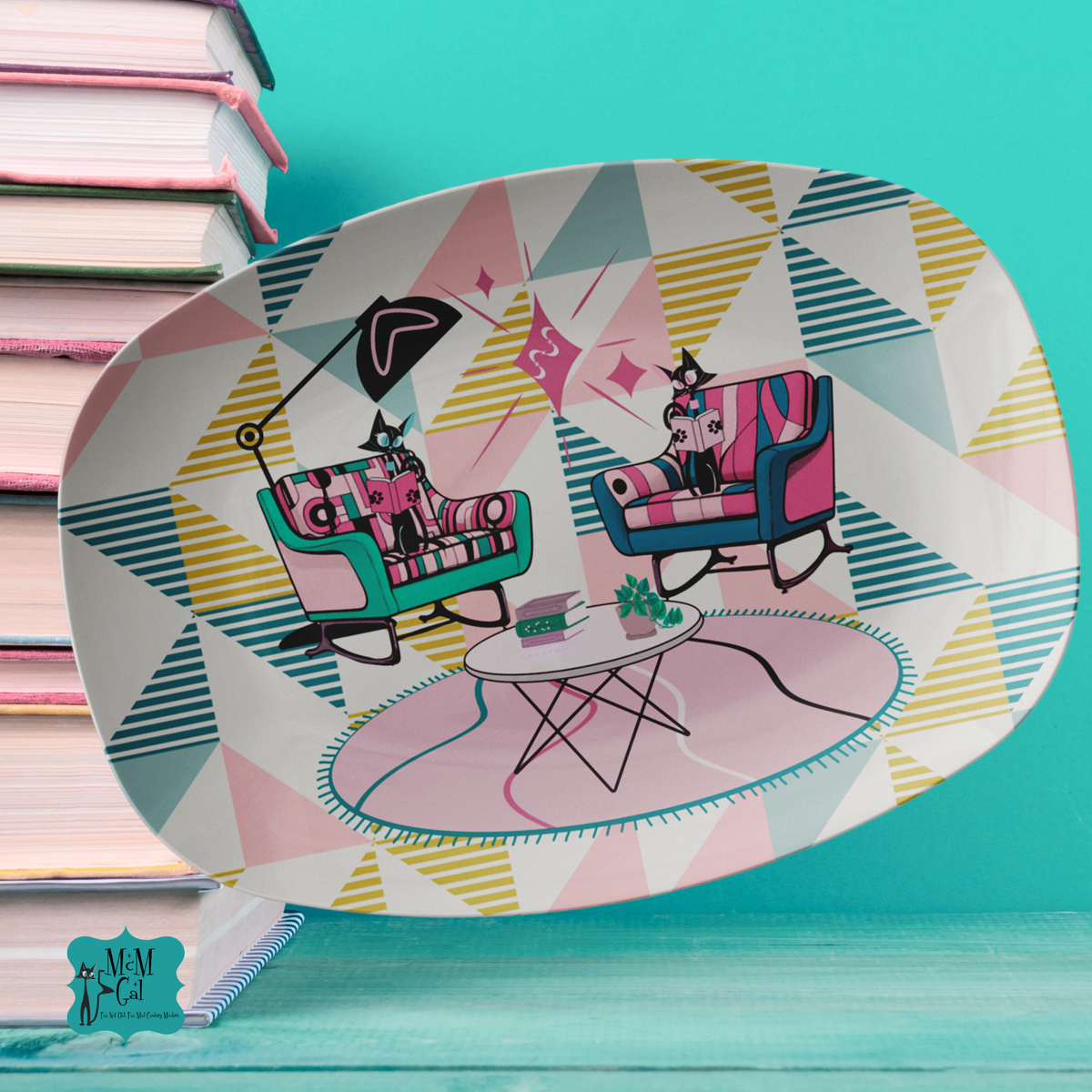 Mid Mod Reading Cats, Kitschy Mid Century Modern Party Platter Gift For Book Lover, Book Club - Mid Century Modern Gal