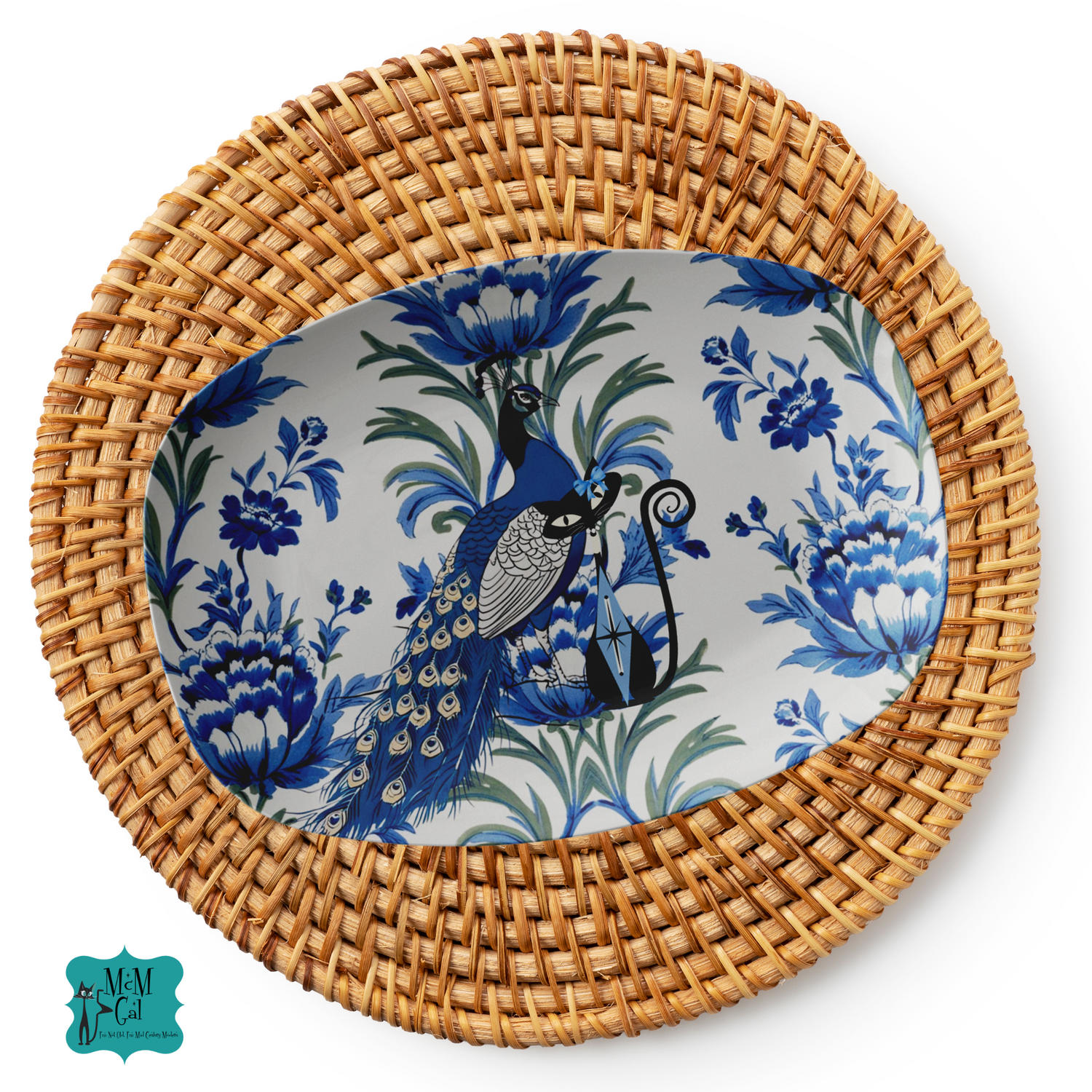 Chinoiserie Blue Peacock, Atomic Cat, Elegant Floral Beautiful Party Platter - Mid Century Modern Gal