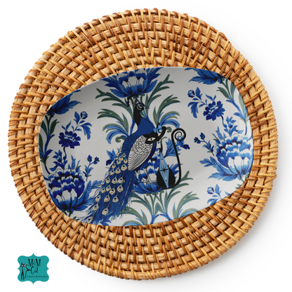 Chinoiserie Blue Peacock, Atomic Cat, Elegant Floral Beautiful Party Platter - Mid Century Modern Gal