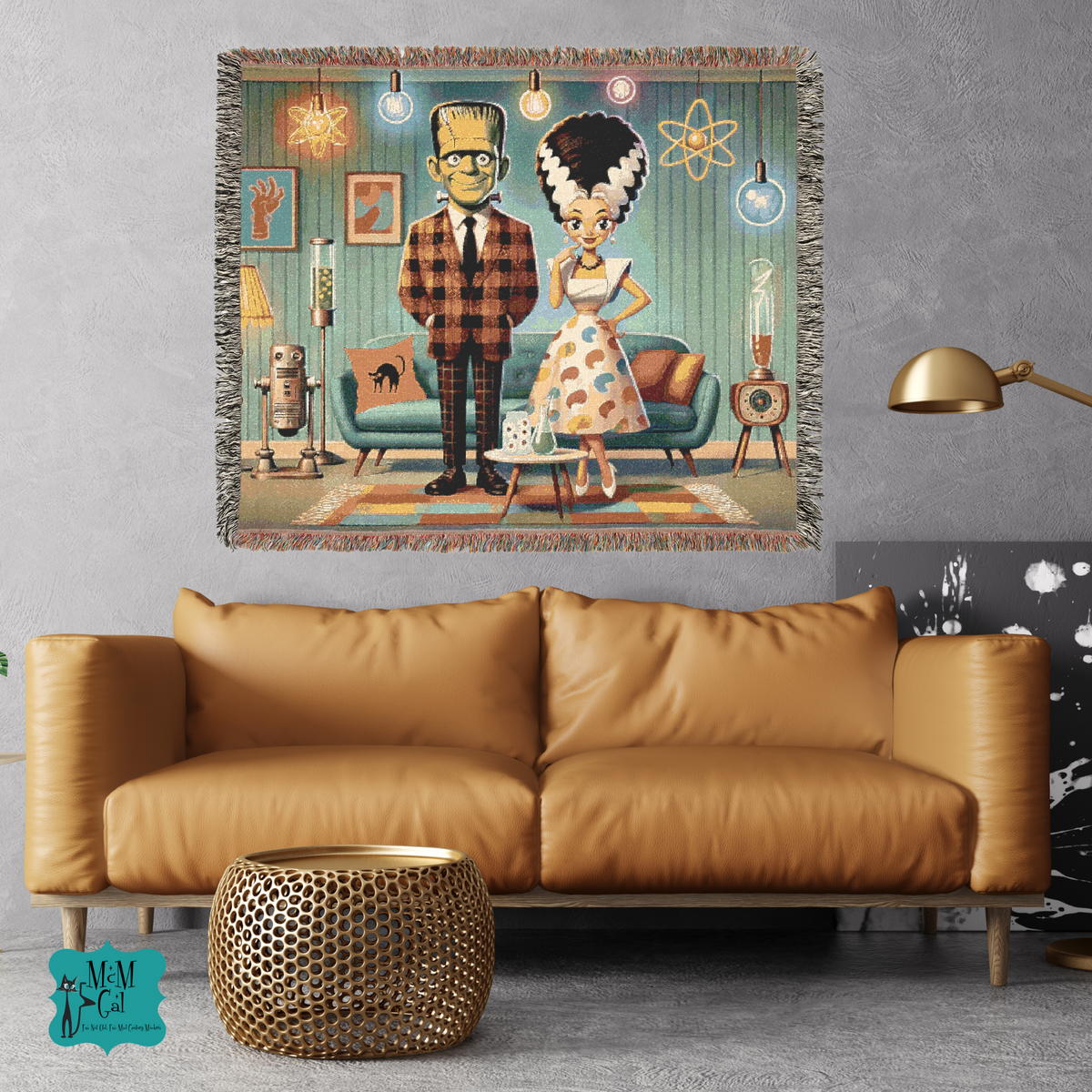 Frankenstein And Bride Woven Blanket, Kitschy Mid Mod Style - Mid Century Modern Gal