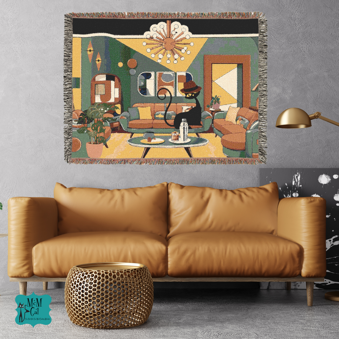 Atomic Cat Mid Century Modern Cozy Woven Blanket - Retro Living Room Design - Mid Century Modern Gal