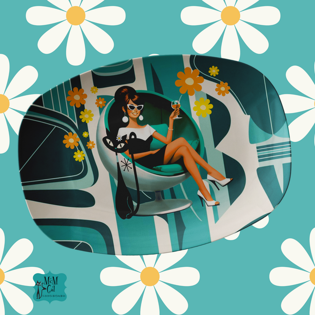 Mid Mod 60s Gal, Atomic Groovy Cat Flower Power Retro Party Platter Gift - Mid Century Modern Gal