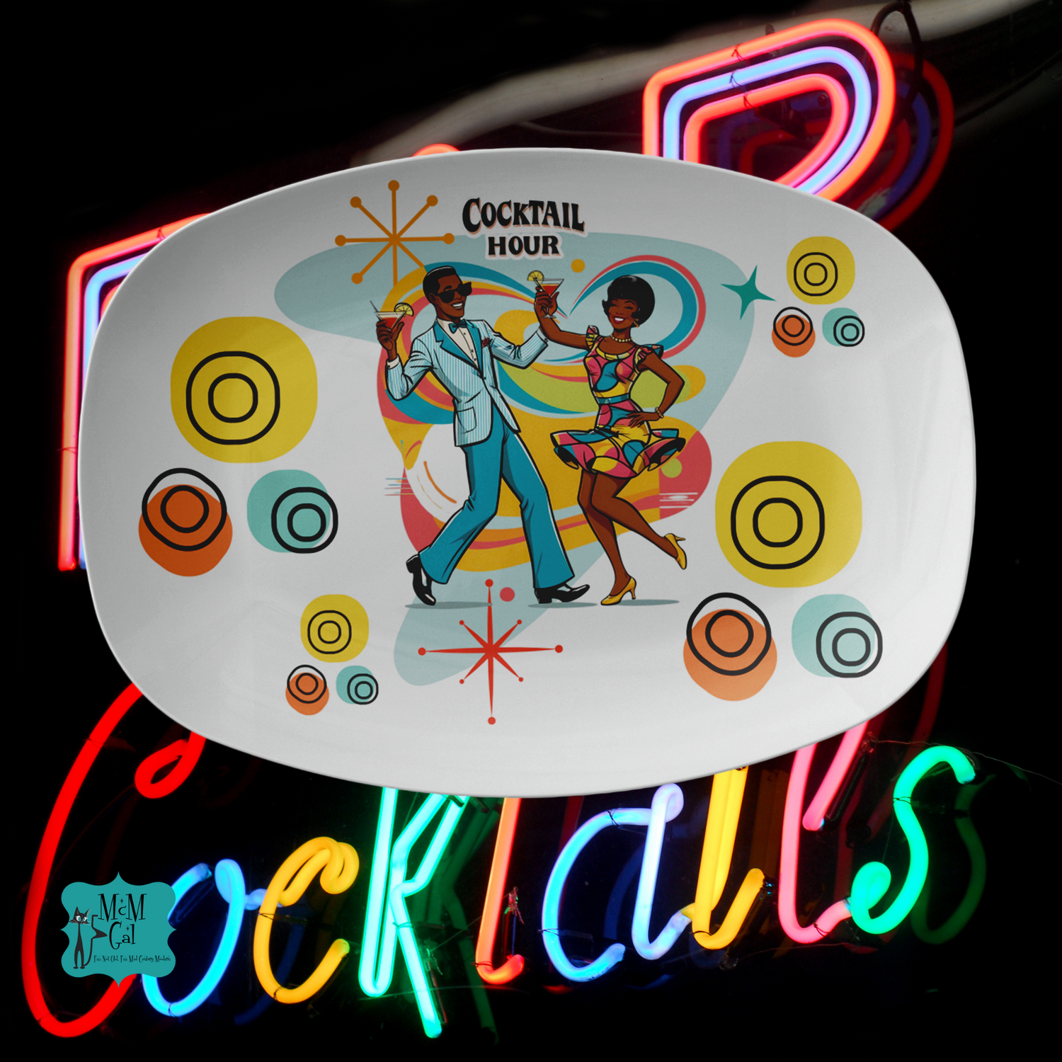 Mid Century Modern Black Retro Couple Fun Cocktail Hour Party Platter - Mid Century Modern Gal