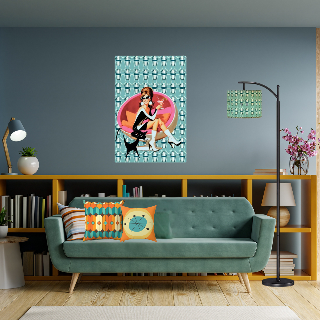 Mid Century Modern Wall Art, Mid Mod Gal, Martini Time, Atomic Cat Canvas Wall Art - Mid Century Modern Gal