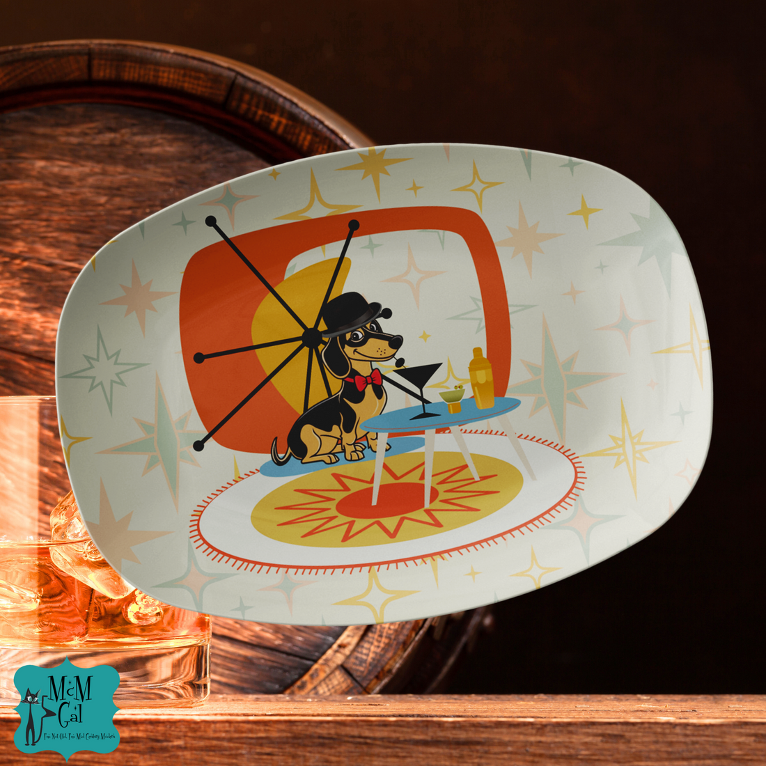 Mid Century Modern Barware Doxie Dachshund Martini Dog Starburst Retro Party Platter - Mid Century Modern Gal