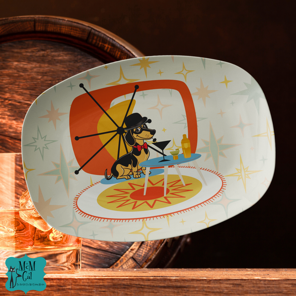 Mid Century Modern Barware Doxie Dachshund Martini Dog Starburst Retro Party Platter