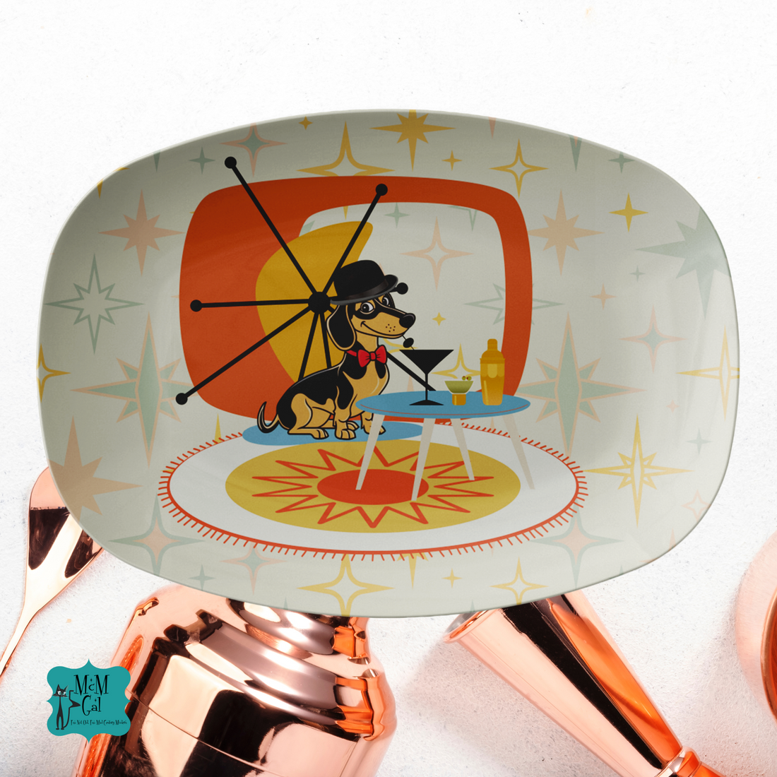 Mid Century Modern Barware Doxie Dachshund Martini Dog Starburst Retro Party Platter - Mid Century Modern Gal